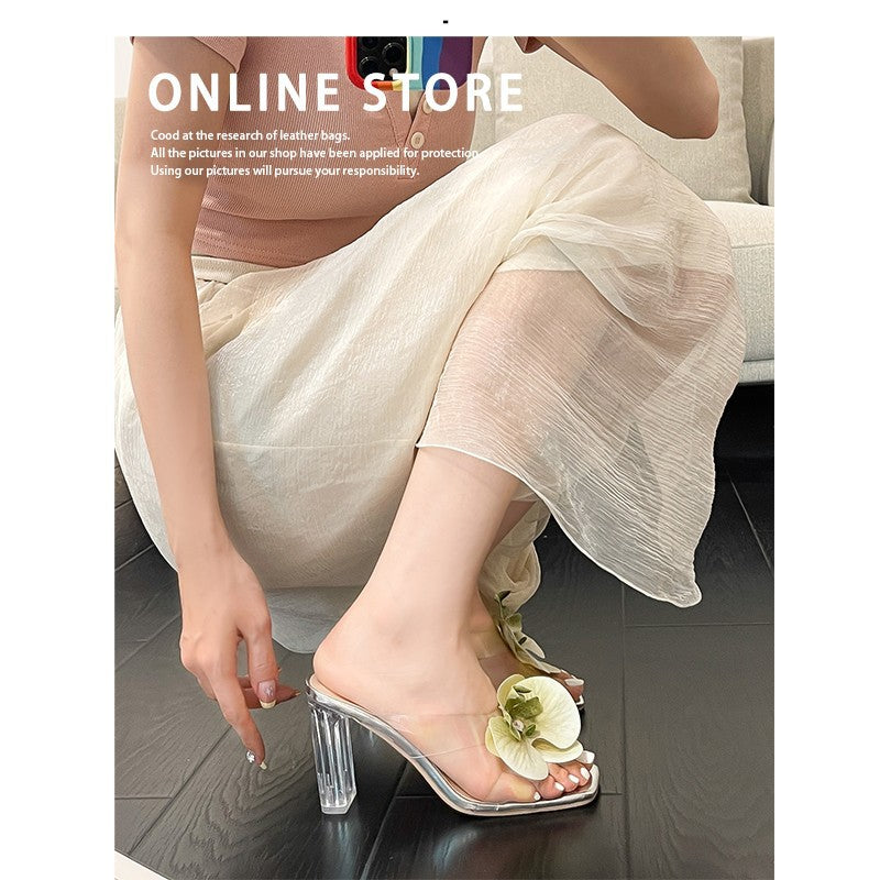Damen transparente Mules mit eleganter Blütenverzierung und hohem Absatz R&B
