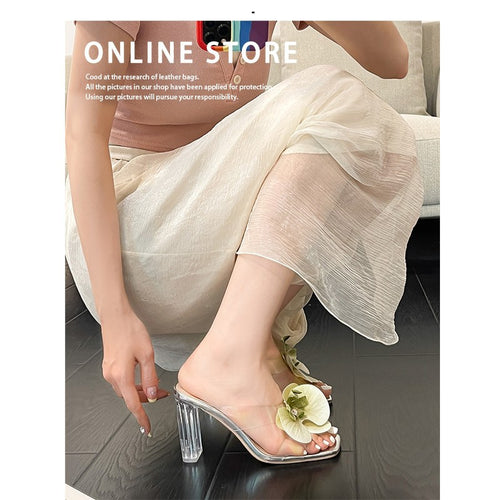 Damen transparente Mules mit eleganter Blütenverzierung und hohem Absatz R&B