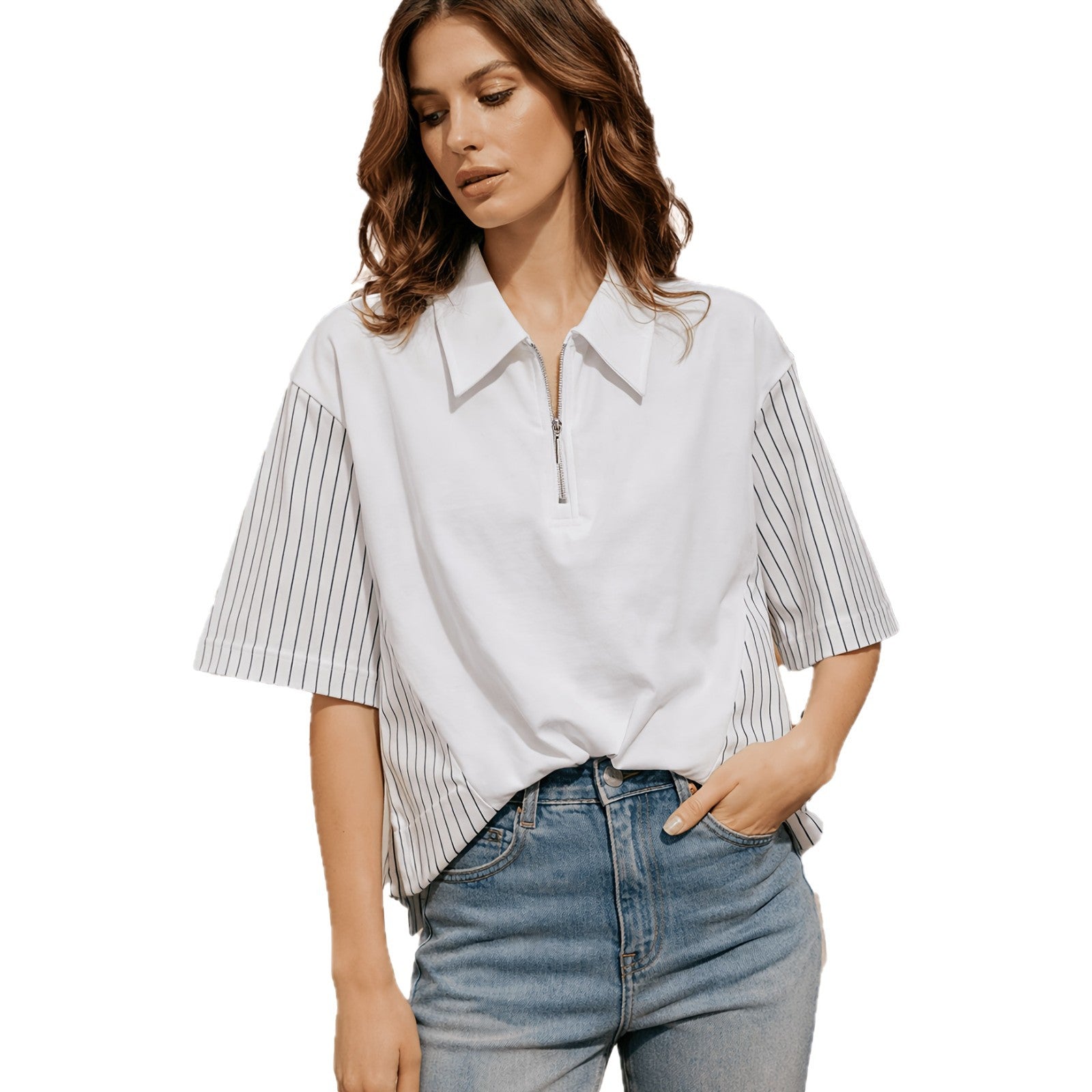 Damen Modisches Polo Shirt mit trendigen Streifen und Reißverschluss R&B
