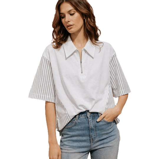 Damen Modisches Polo Shirt mit trendigen Streifen und Reißverschluss R&B