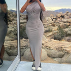Damen Maxikleid mit schulterfreiem Design und elegantem Schlitz R&B