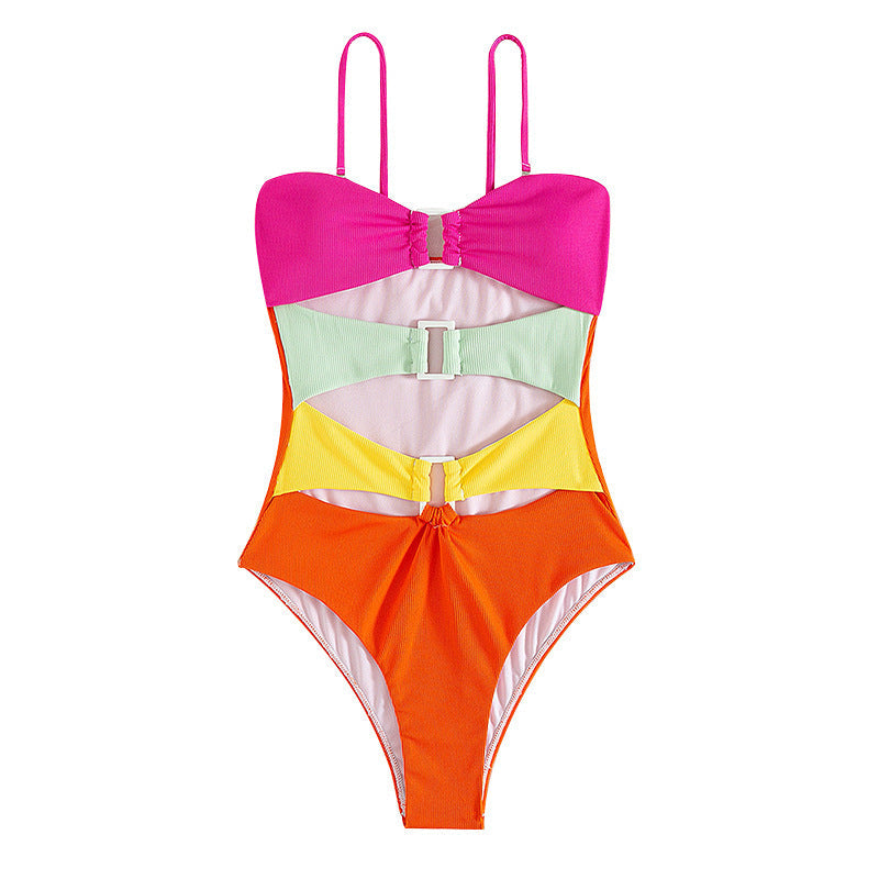 Damen Einteiler Badeanzug mit buntem mehrlagigem Design und Schnalle
