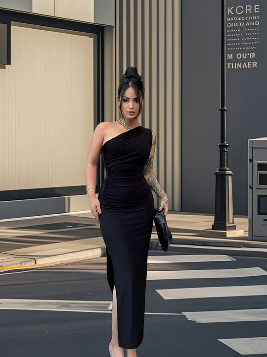 Damen Elegantes Wickelkleid mit asymmetrischem Schnitt und schimmerndem Oberteil R&B