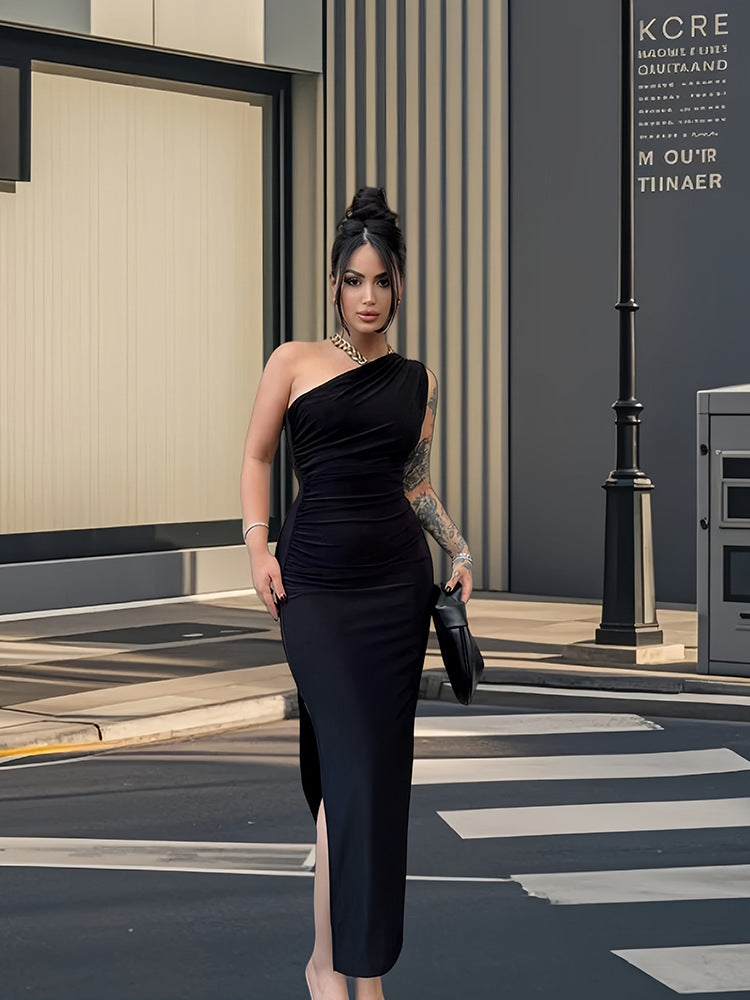 Damen Elegantes One-Shoulder-Maxikleid mit figurbetontem Schnitt und seitlichem Schlitz R&B