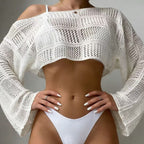 Damen lässige Häkelbluse im Crop-Design mit weitem Arm R&B