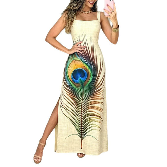 Damen Maxikleid mit grafischem Pfauenfeder-Druck und praktischen Seitentaschen R&B
