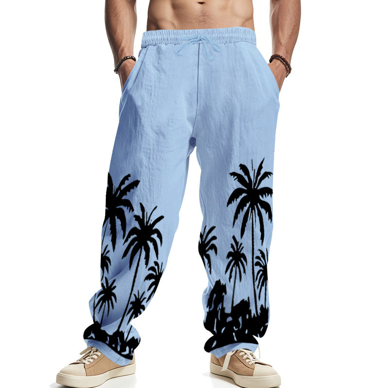 Herren nan weite Freizeit-Hose aus Baumwoll-Leinen-Mix mit Palmenprint, Elastikbund und Kordelzug R&B