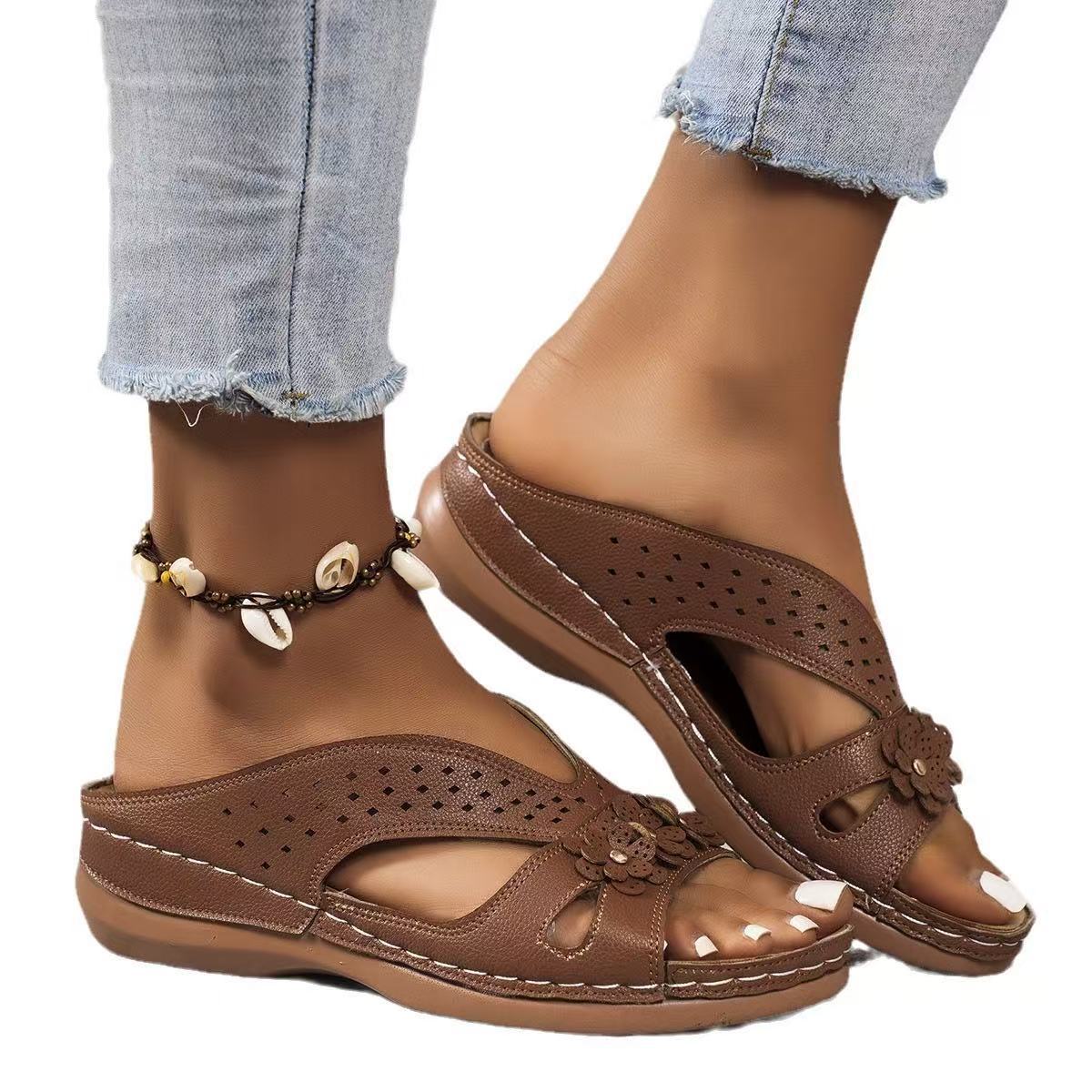 Damen bequeme und luftige Pantolette mit floralem Dekor
