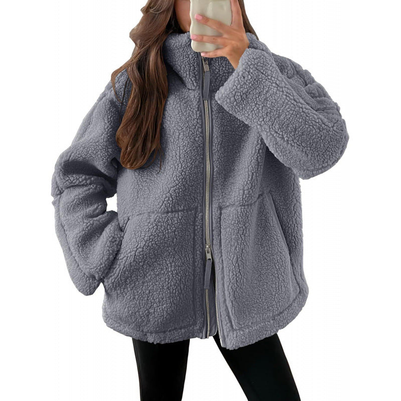 Damen Kuschelige Teddyfelljacke mit hohen Kragen und Reißverschluss R&B