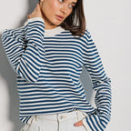 Damen gestreifter, lässiger Pullover aus hochwertigem Baumwollmix R&B