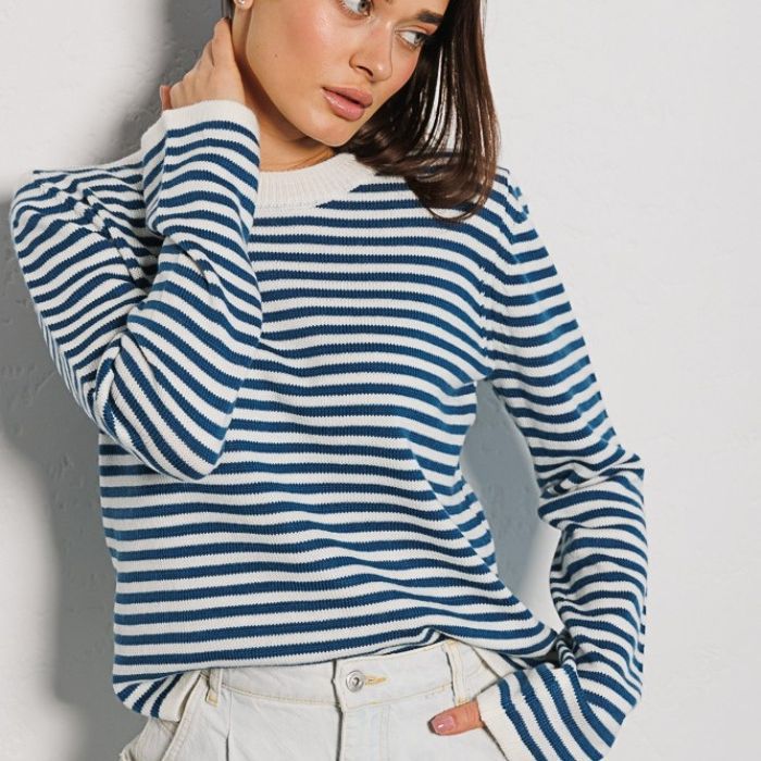 Damen gestreifter, lässiger Pullover aus hochwertigem Baumwollmix R&B