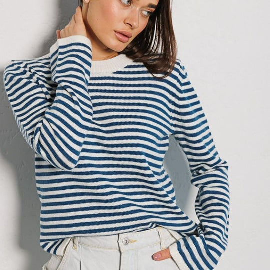 Damen gestreifter, lässiger Pullover aus hochwertigem Baumwollmix R&B