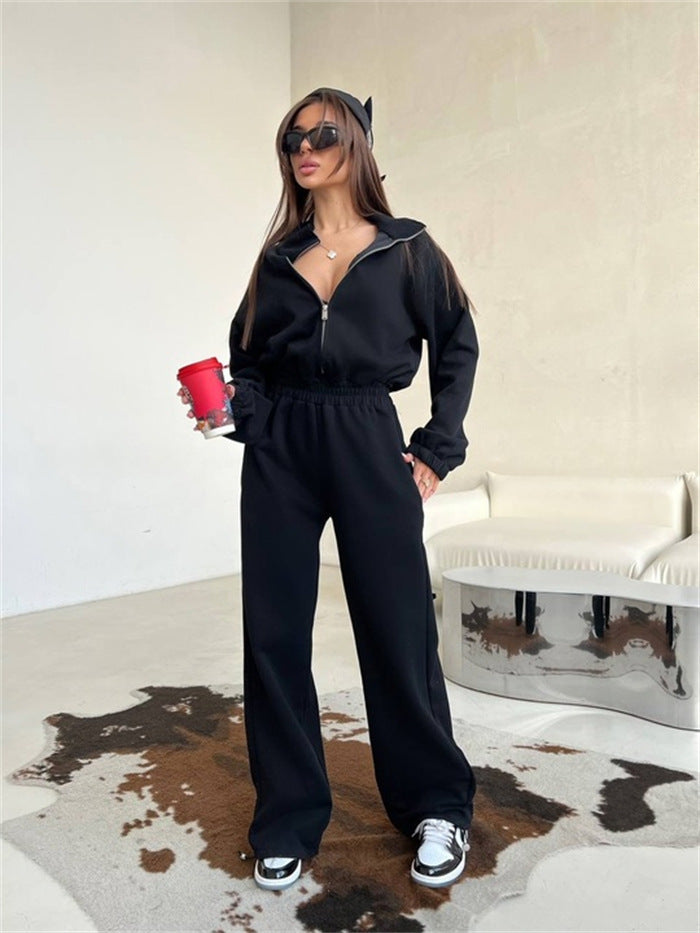 Damen sportlicher Fleece-Loungewear-Anzug mit hohem Kragen und elastischem Bund R&B