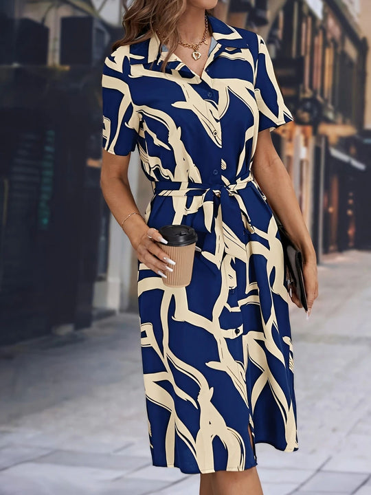 Damen Hemdblusenkleid mit modernem grafischem Muster und Taillengürtel R&B