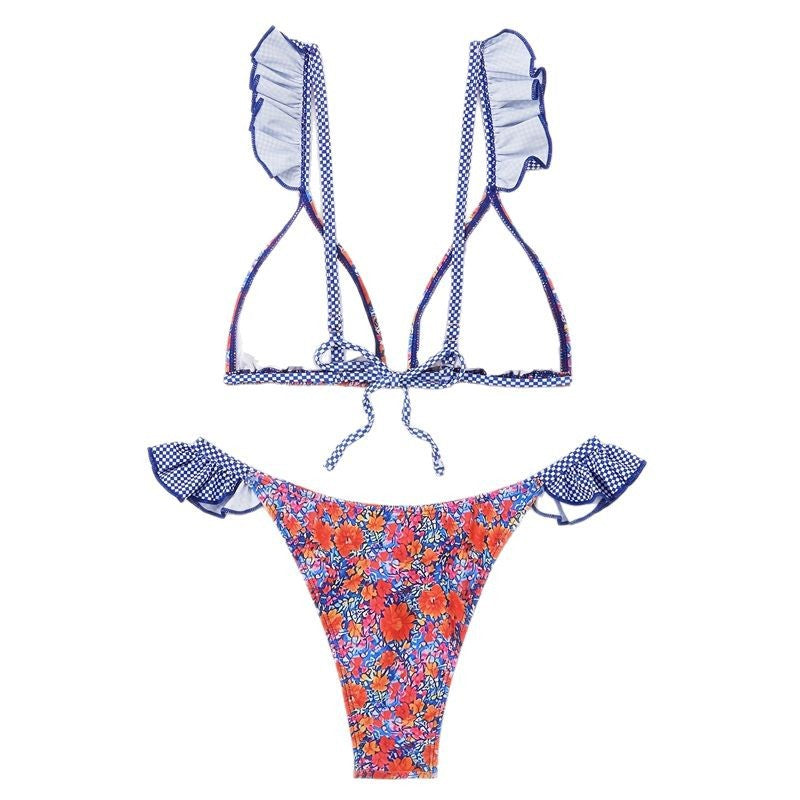 Damen Triangel-Bikini mit verspielten Rüschendetails und floralem Muster R&B