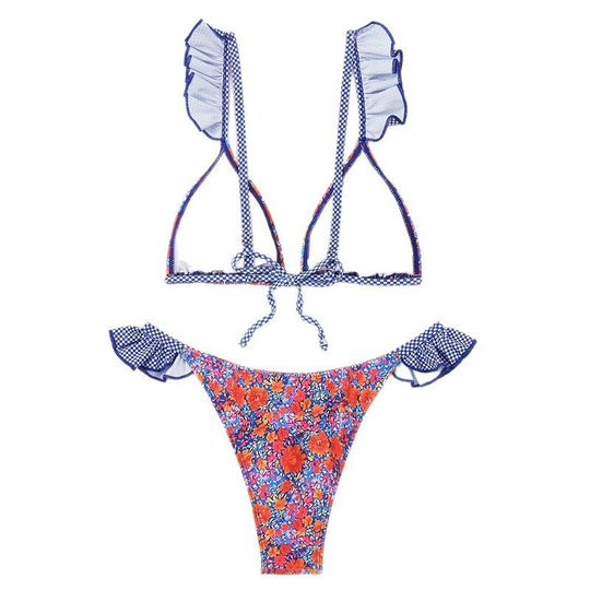 Damen Triangel-Bikini mit verspielten Rüschendetails und floralem Muster R&B