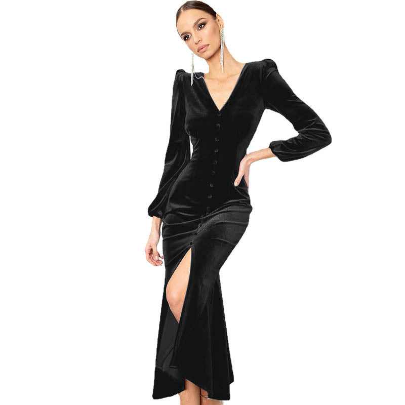 Damen Samt Maxikleid mit zentralem Knopfverschluss und seitlichem Schlitz R&B