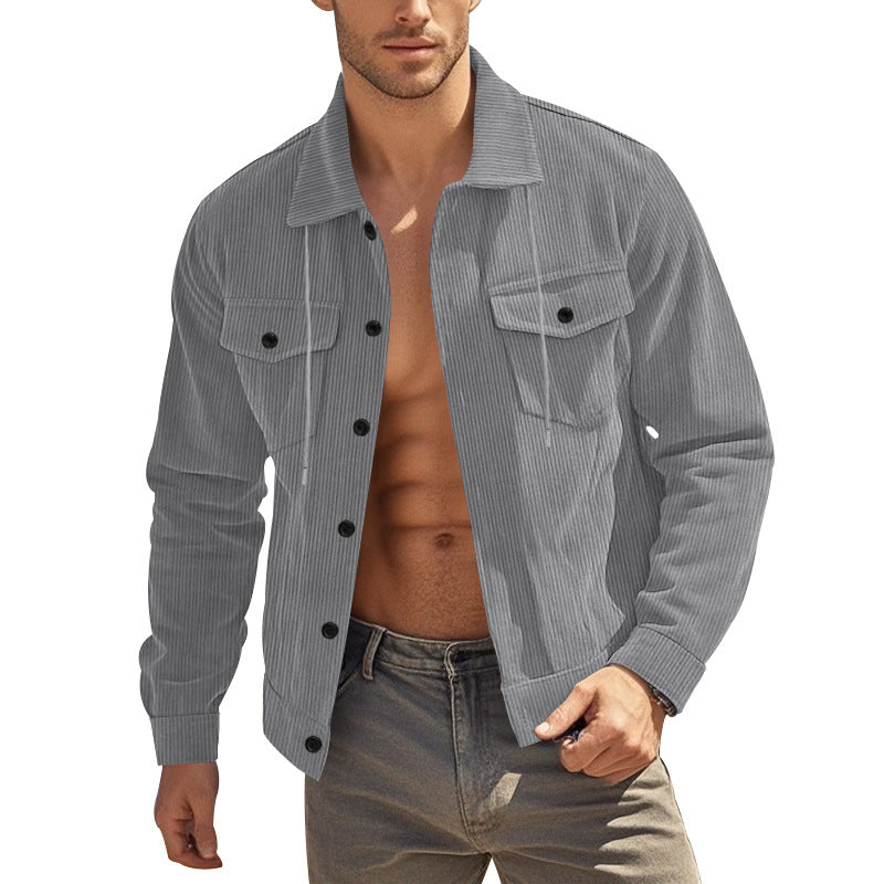 Herren nan lässige fein gerippte Cordjacke mit Stehkragen, Brusttaschen und elastischem Saum R&B
