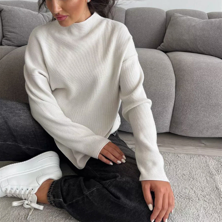 Damen Modernes Strickoberteil mit hochgeschlossenem Kragen und feinem Rippenmuster R&B