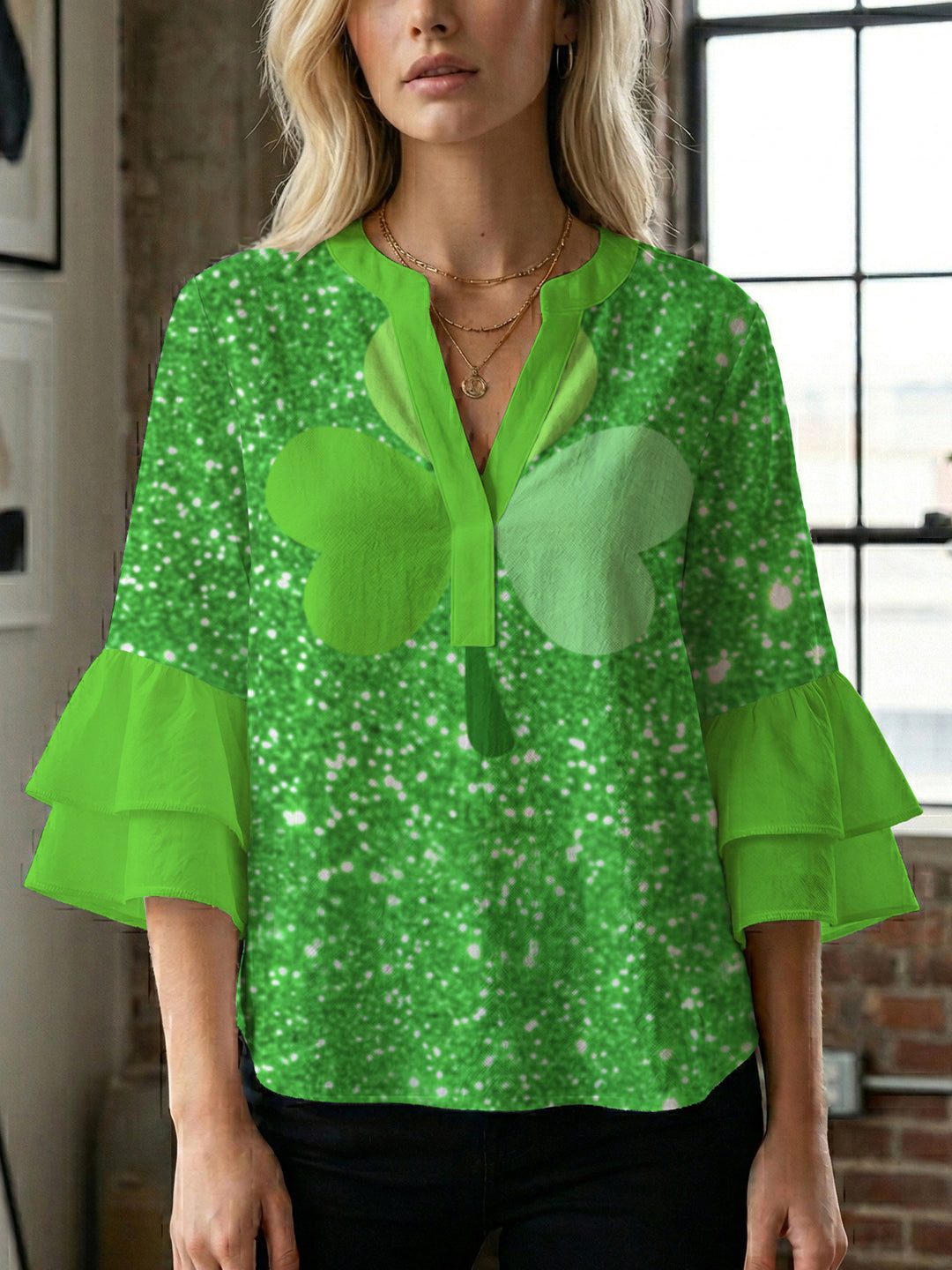 Damen lässige Bluse mit Volantärmeln und botanischem Druck R&B