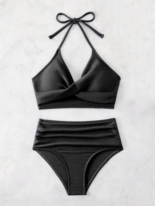 Damen Bikini-Set mit hohem Taillenbund und elegantem Wickeldesign R&B