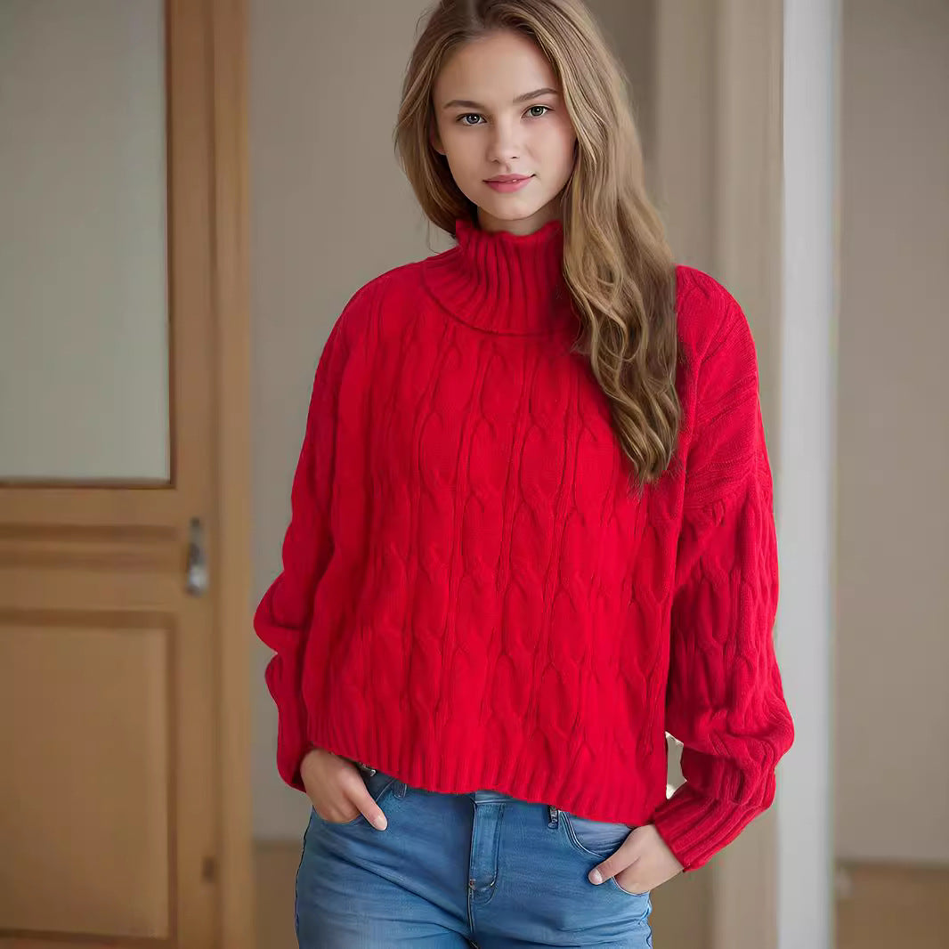 Damen Strickpullover mit hohem Kragen und strukturierter Zopfoptik R&B