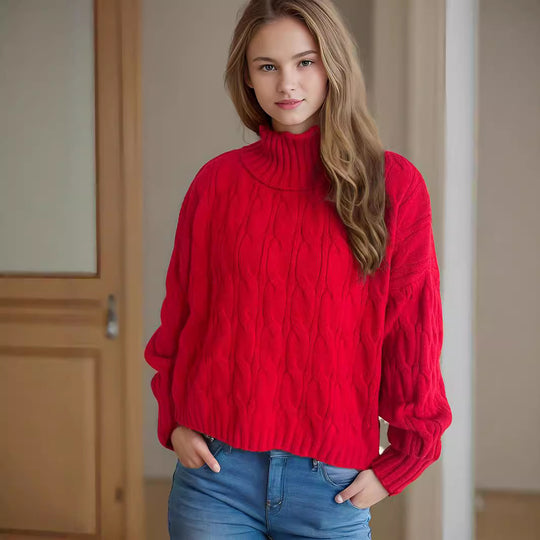 Damen Strickpullover mit hohem Kragen und strukturierter Zopfoptik R&B