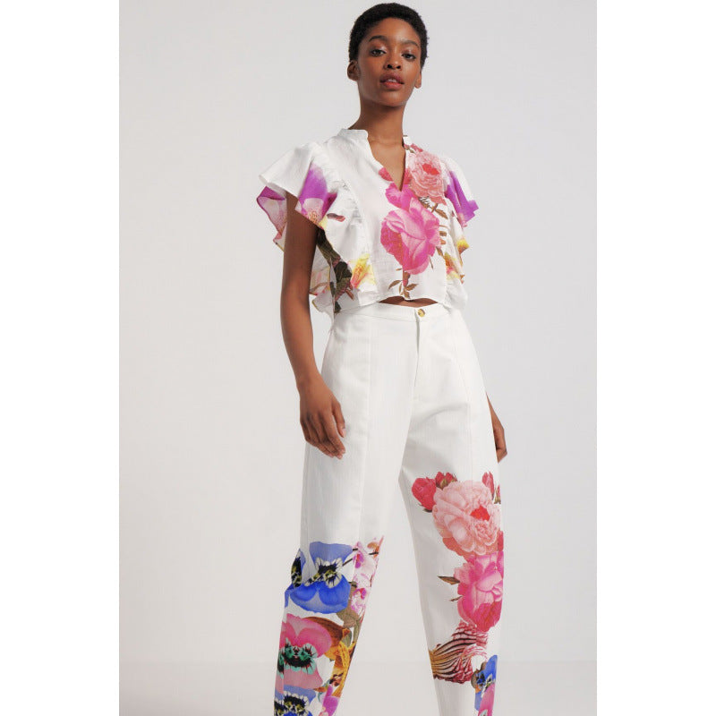 Damen Blusen- und Hosen-Set mit floralem Design und zarten Rüschendetails R&B