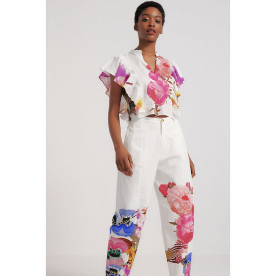 Damen Blusen- und Hosen-Set mit floralem Design und zarten Rüschendetails R&B
