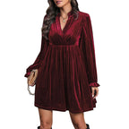Damen elegantes Samtkleid mit tiefem V-Ausschnitt und Puffärmeln R&B