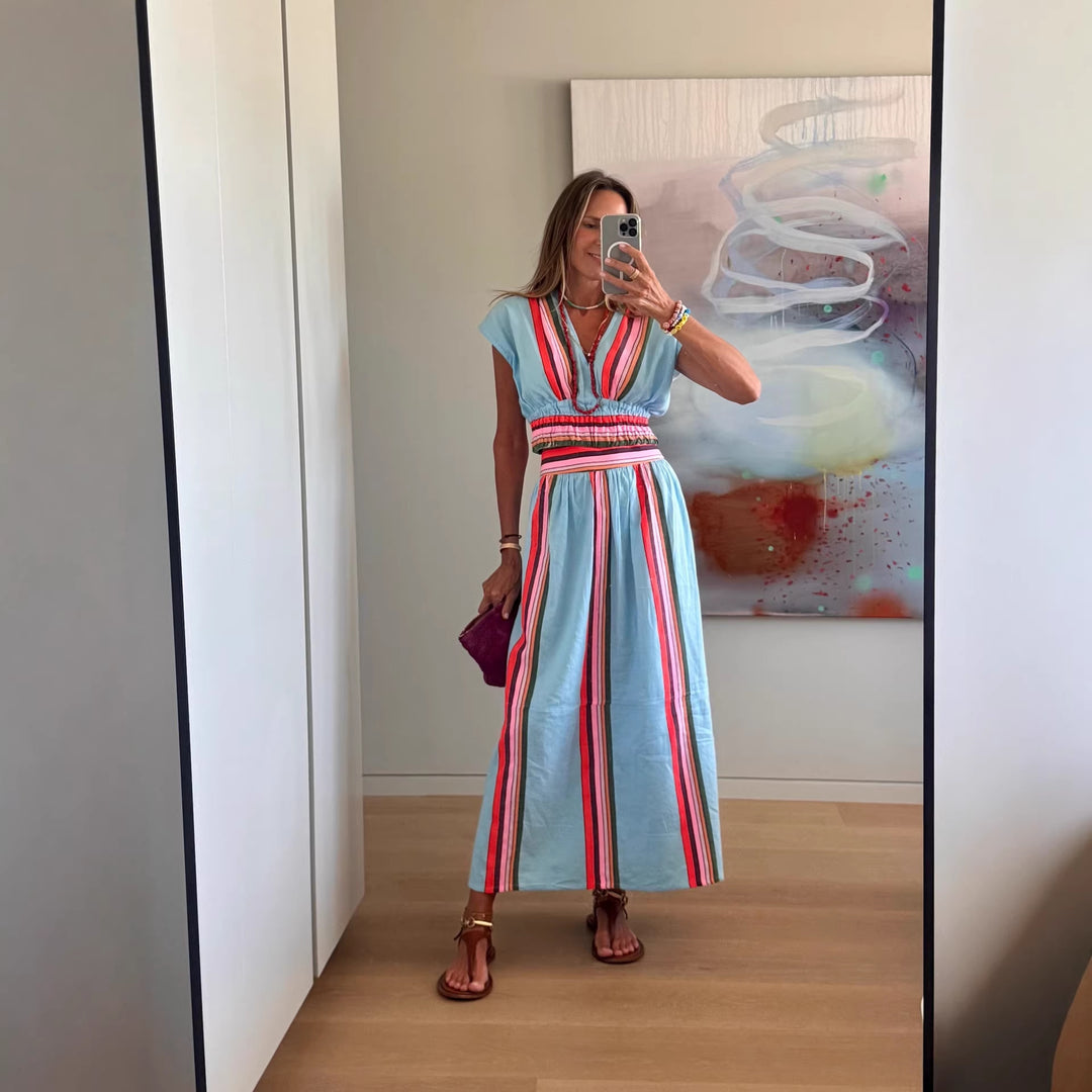 Damen Strandmaxi-Kleid mit elastischem Taillenbund und buntem Streifenmuster R&B
