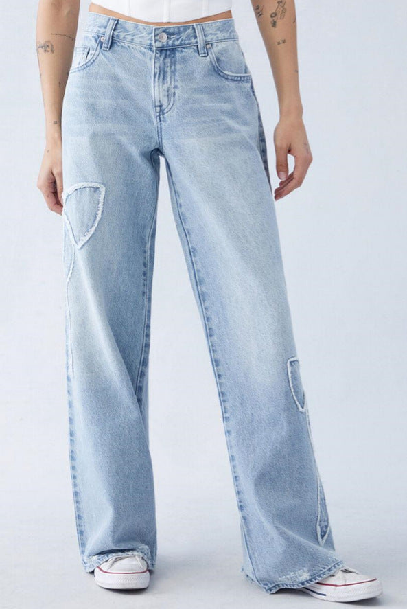 Damen weite High-Waist Denim-Jeans mit Distressed-Details R&B