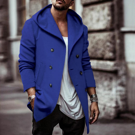 Herren stylischer Hoodie-Mantel mit doppelter Knopfreihe und weitem Kragen R&B