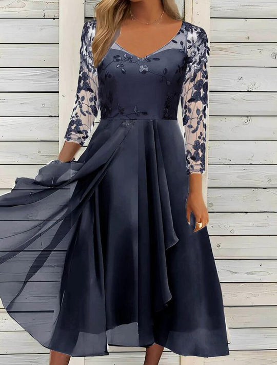 Damen Abendkleid mit floralen Spitzenärmeln und asymmetrischem Schnitt Heidi-Mode