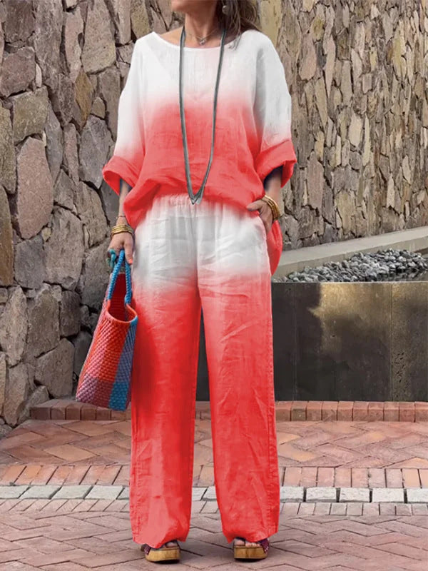Damen lässiges Leinen-Outfit mit weiten Hosen und lockerer Bluse R&B