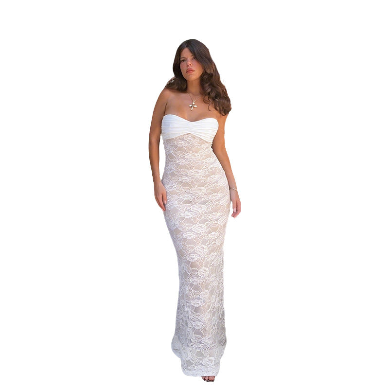 Damen Corsage Maxikleid mit raffiniertem Spitzenmuster und trägerlosem Design R&B