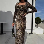 Damen Tierdruck Langarm Maxi Kleid