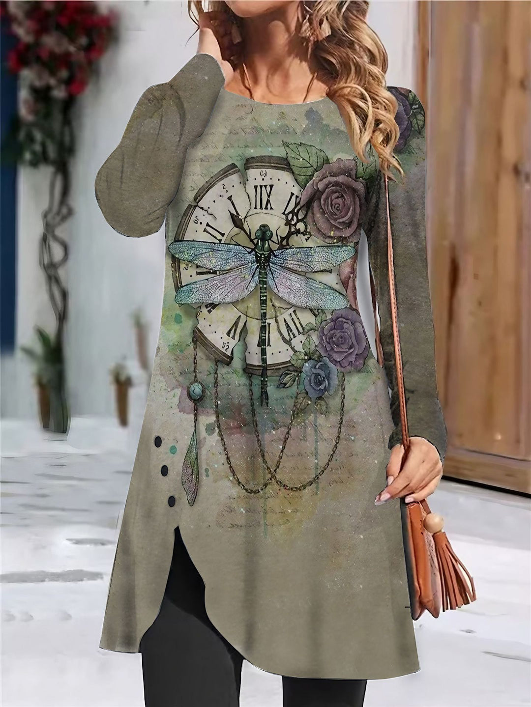 Damen künstlerisches Langarmkleid mit Drachenfliegen-Motiv R&B
