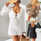 Damen luftiges Strickkleid mit tiefem V-Ausschnitt und modischem Schlitz R&B