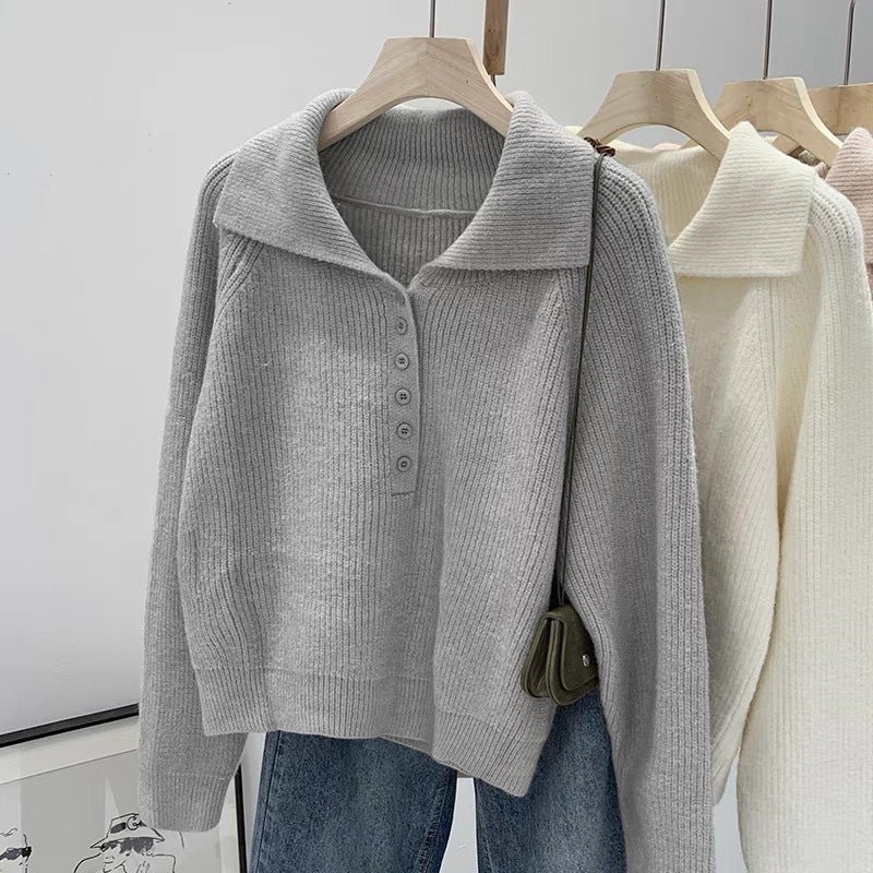 Damen Strickpullover mit Kragen und Knopfleiste