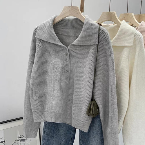 Damen Strickpullover mit Kragen und Knopfleiste R&B