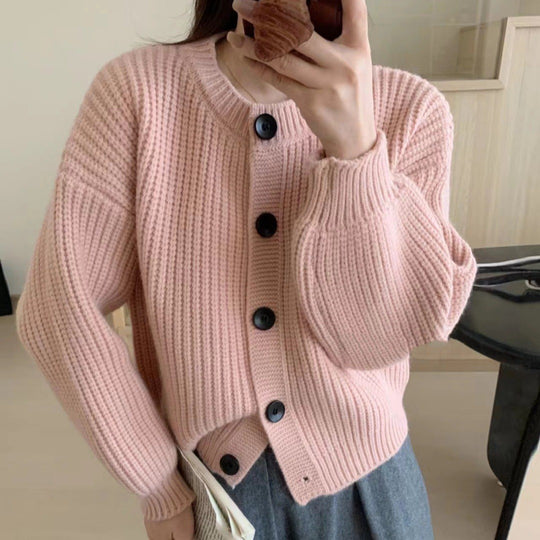 Damen modische Strickjacke mit knöpfbarem Design und balloonärmeln R&B