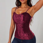 Damen elegantes Spaghettiträgershirt mit luxuriösem Paillettenbesatz und feinem Rippstrick R&B
