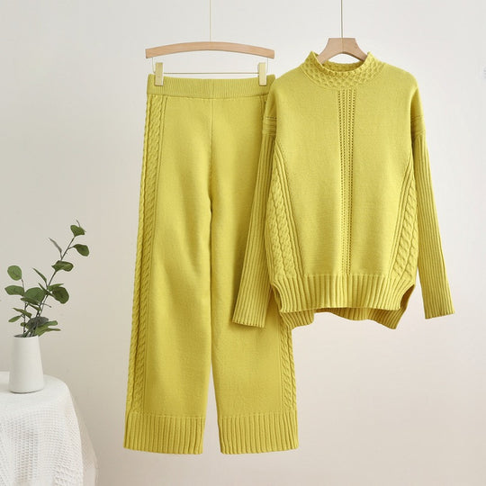 Damen komfortables Strick-Loungewear-Set mit hohen Bündchen und dekorativen Zopfmustern R&B