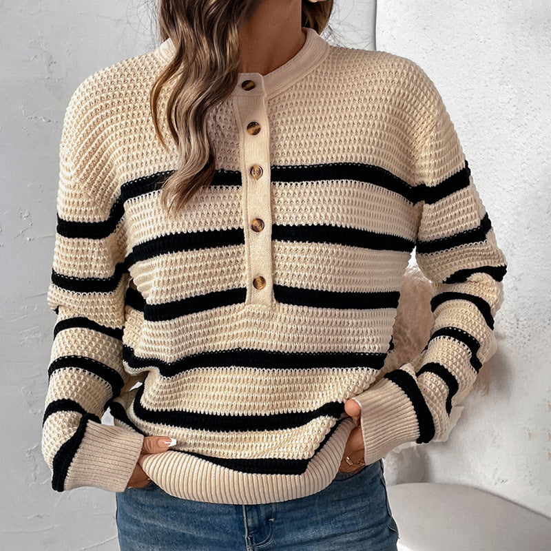 Damen gestreifter Strickpullover mit Knopfleiste und lässigem Schnitt R&B