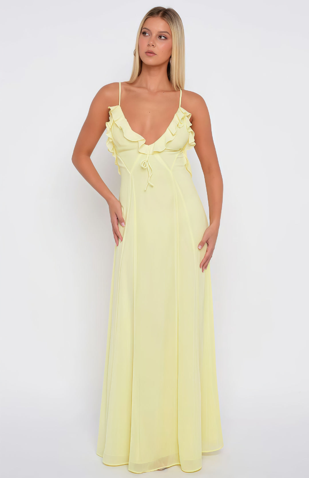 Damen Elegantes Maxikleid mit schulterfreier Rüschendekoration und taillierbarem Design R&B