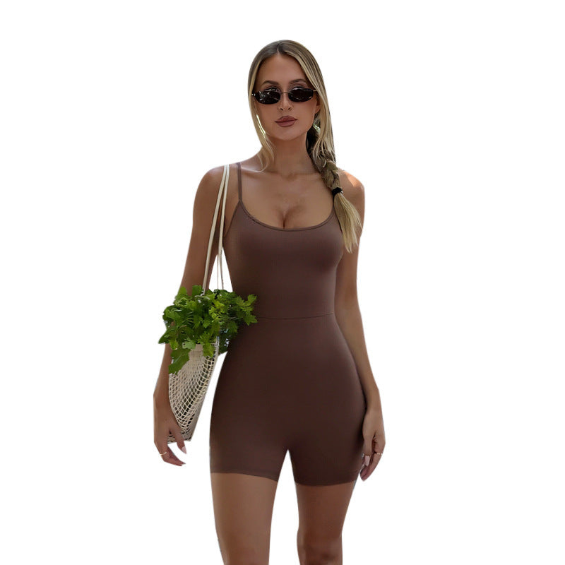 Damen sportlicher Jumpsuit mit schmalen Trägern und figurbetontem Schnitt R&B