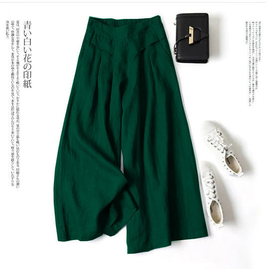 Damen Weit geschnittene Leinenhose mit hohem Bund und eleganten Falten R&B