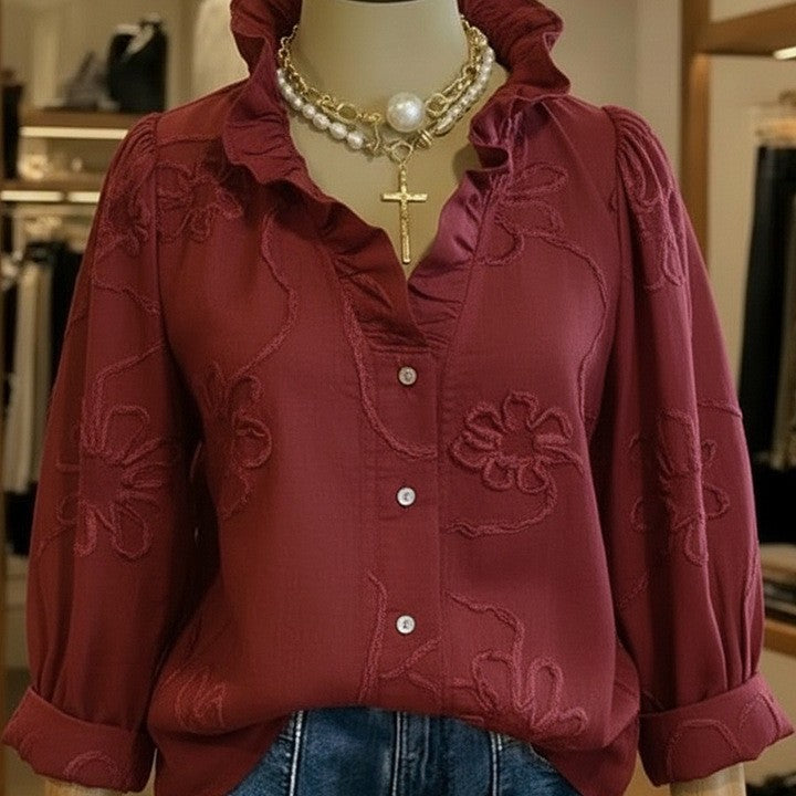 Damen elegante Bluse mit floralen Stickereien und voluminösen Ärmeln R&B