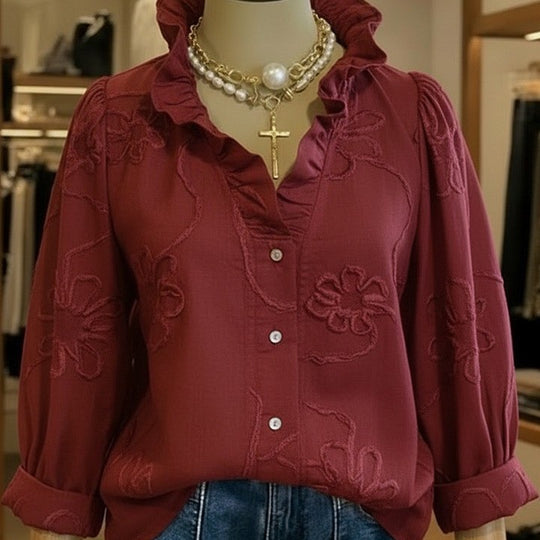 Damen elegante Bluse mit floralen Stickereien und voluminösen Ärmeln R&B